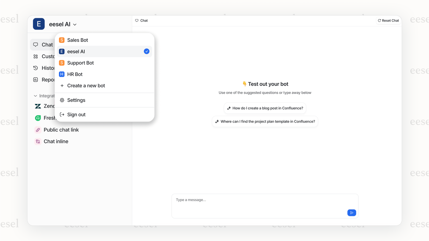 eesel AI Simulationsfunktion für einen KI-Chatbot im E-Commerce.