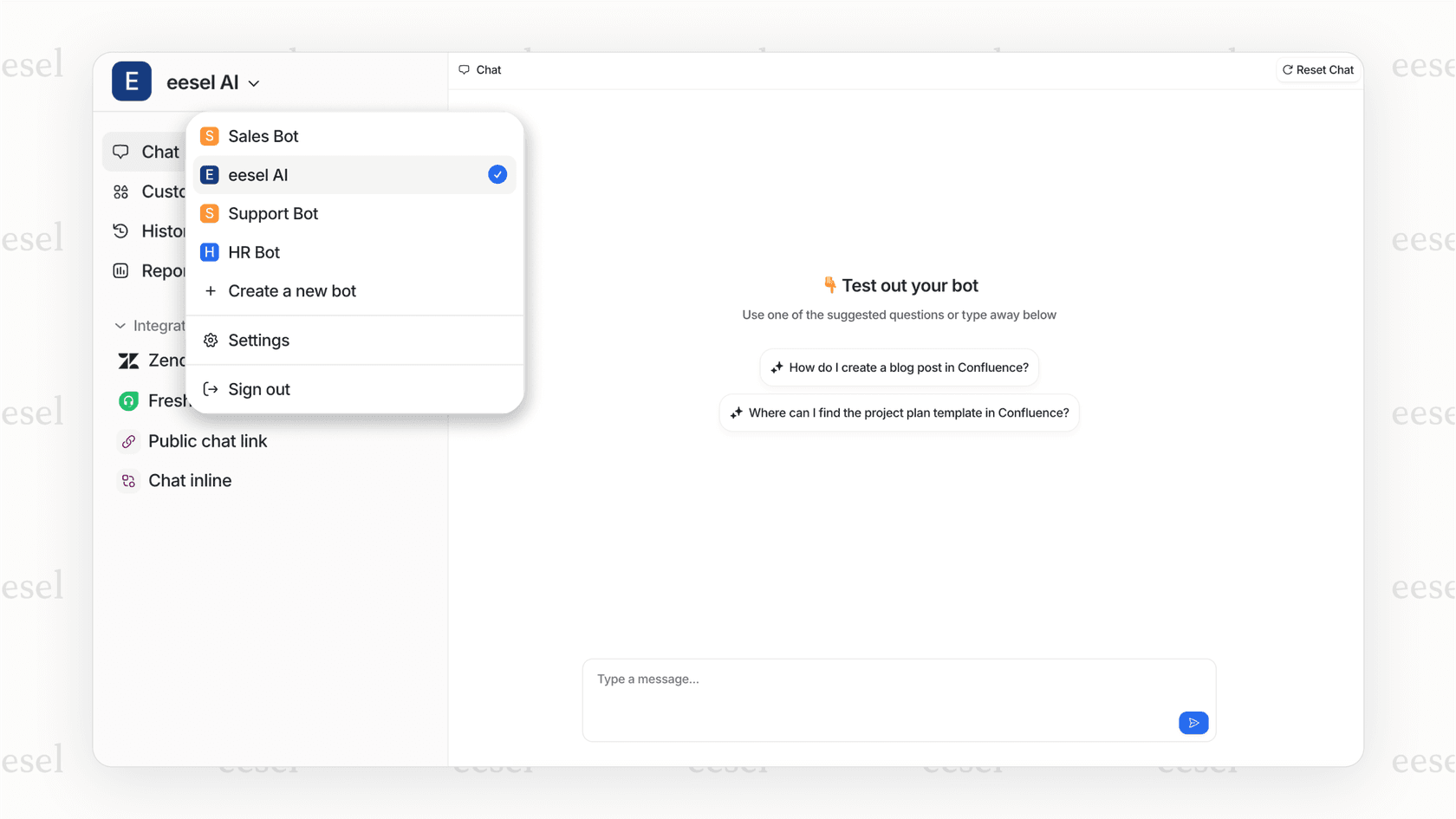 The eesel AI interface showing a simulation running on past support tickets. On the left is a customer query about a refund, in the middle is the AI chatbot for ecommerce response, and on the right is the historical human agent response for comparison.