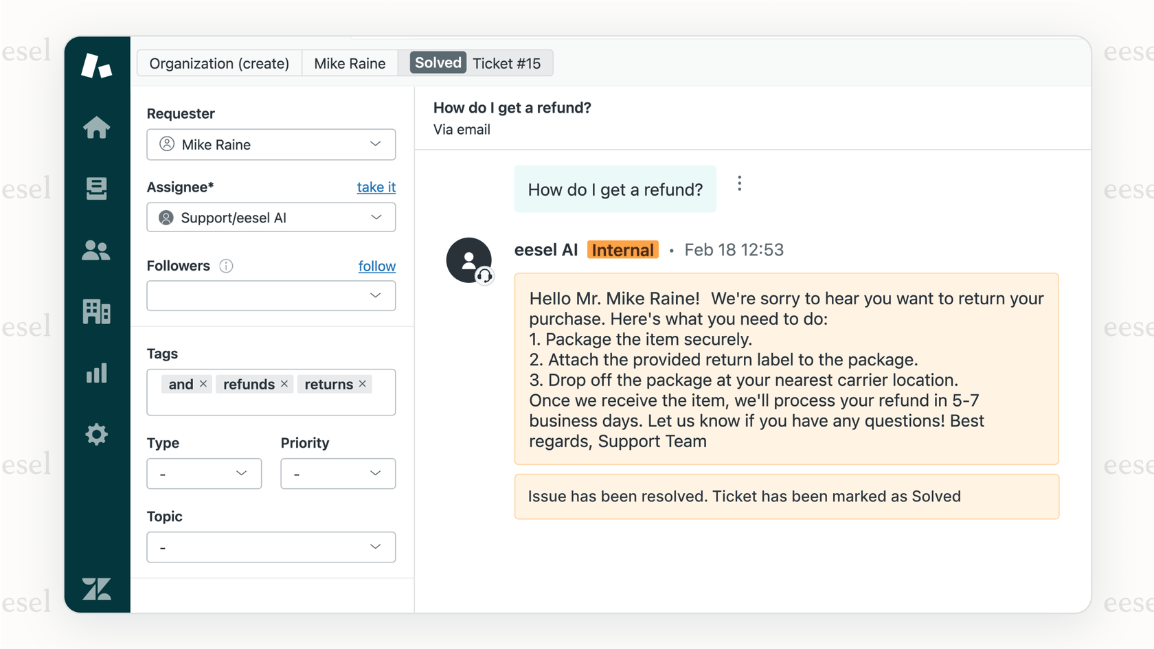 A screenshot within a help desk interface where an AI analytics tool has automatically drafted a reply to a customer