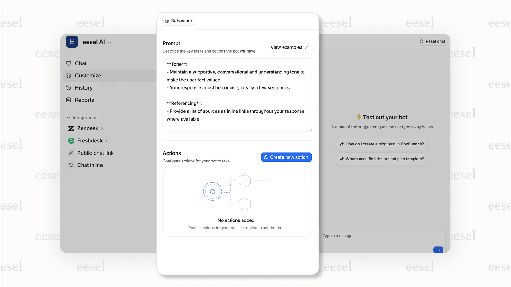 A screenshot of the eesel AI agent settings, where a user is inputting instructions to guide the AI for writing support responses.
