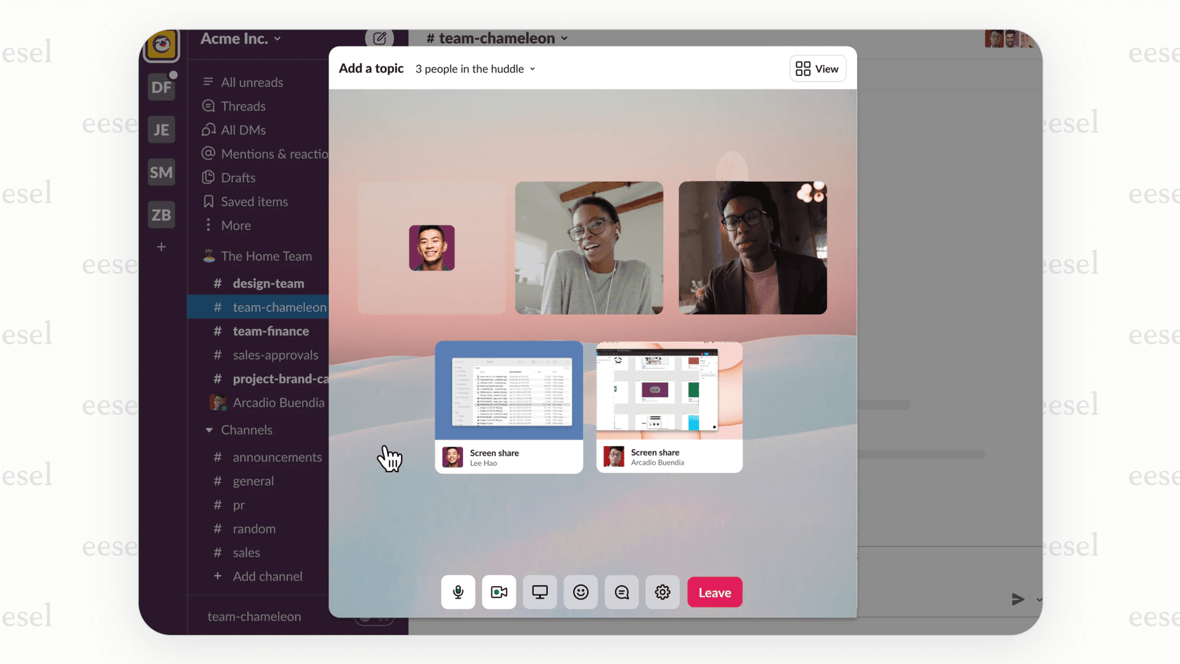 A screenshot for a Slack review demonstrating how to start a Huddle for a quick audio or video chat within a channel.