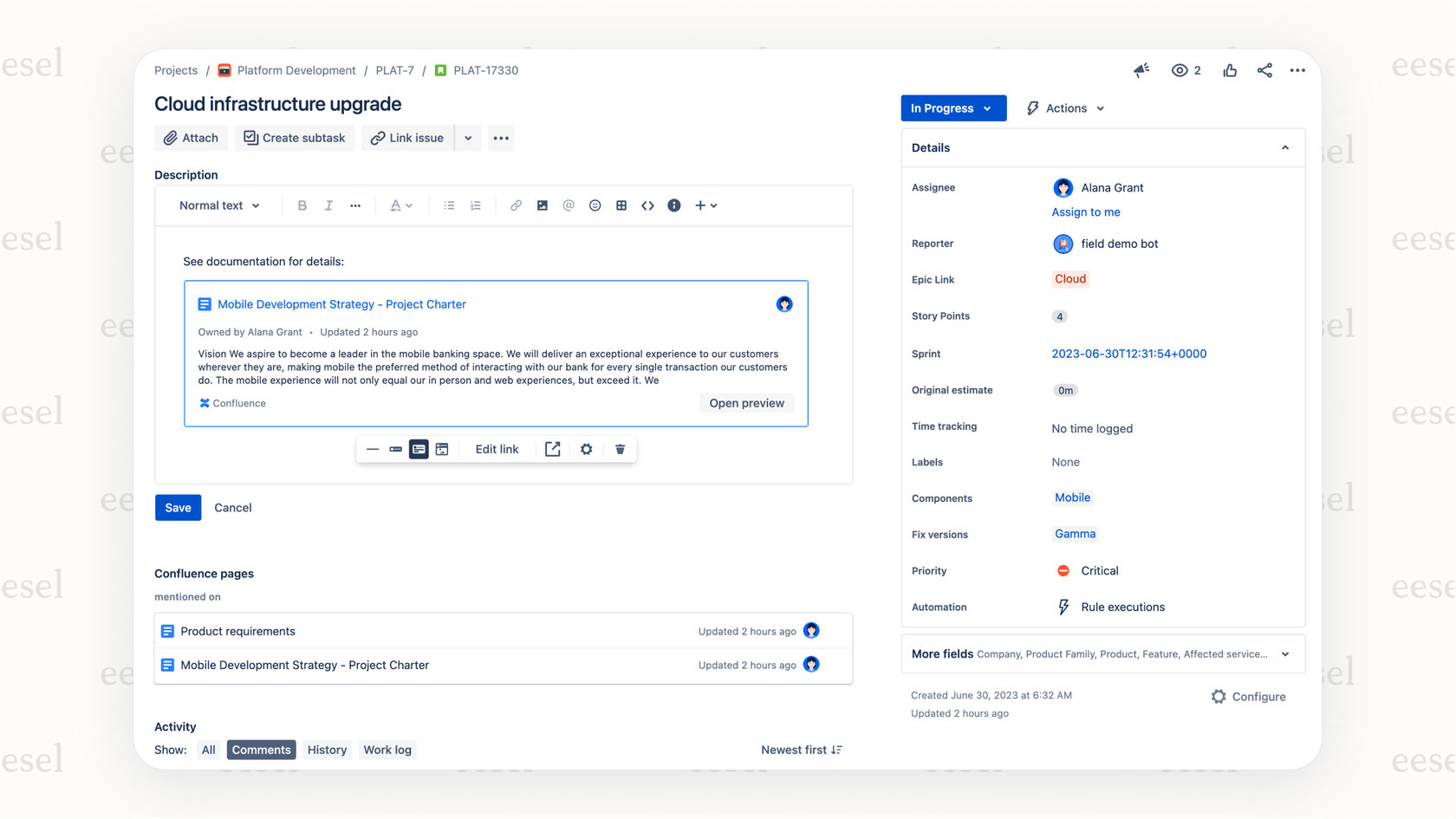 Captura de tela mostrando como funciona a integração Confluence e Jira, um recurso essencial deste software de gestão de conhecimento para equipes técnicas.