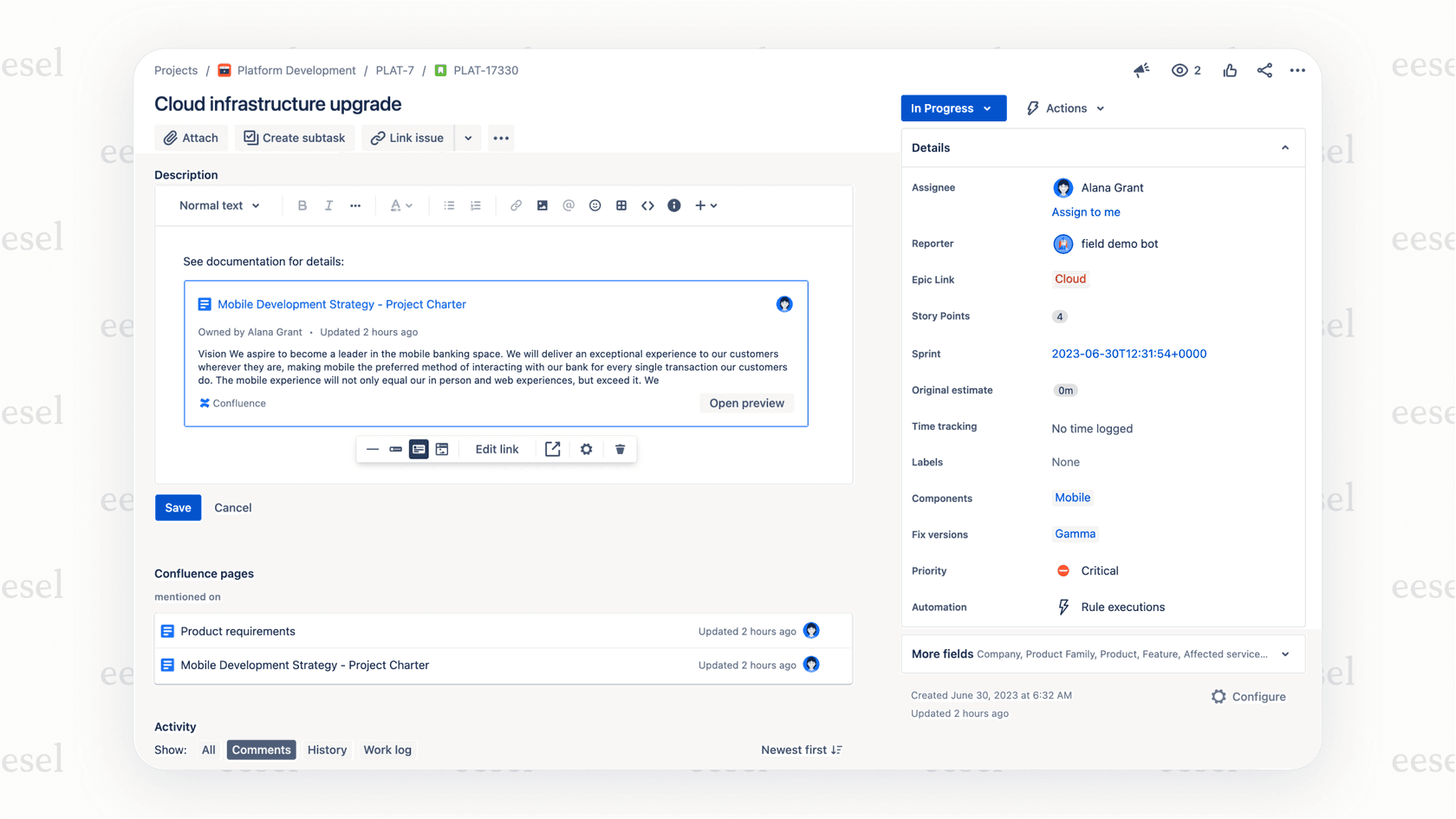 Screenshot showing how the Confluence and Jira integration works, a key feature of this best knowledge management software for technical teams.
