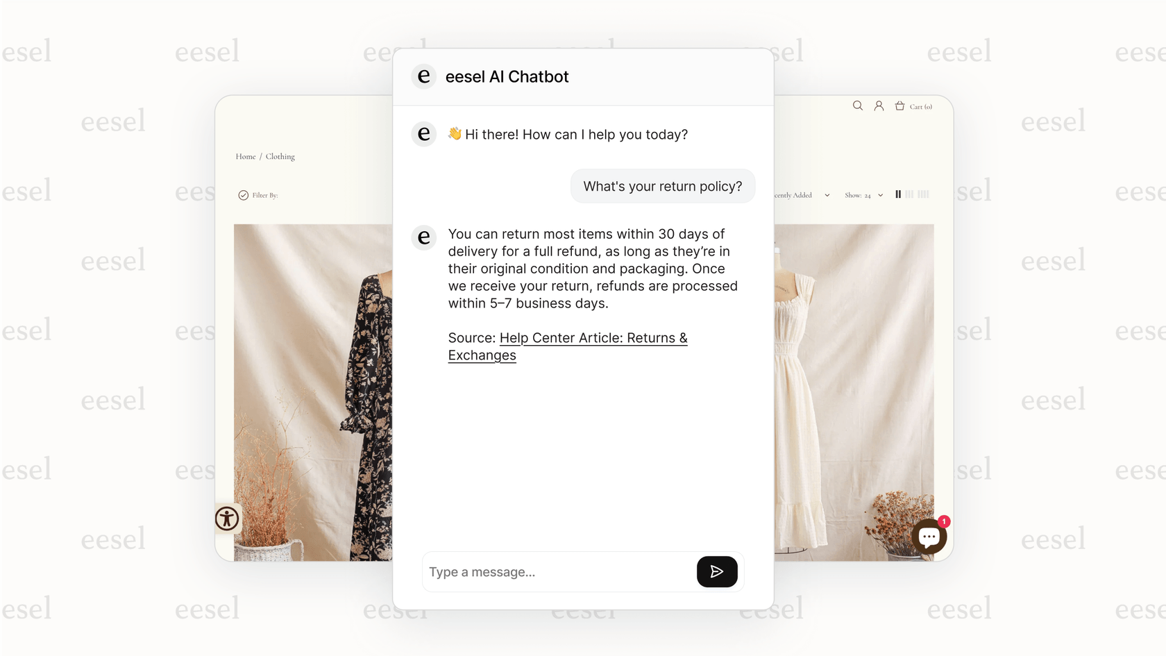 El chatbot de IA de eesel para sitios web respondiendo a la pregunta de un cliente.