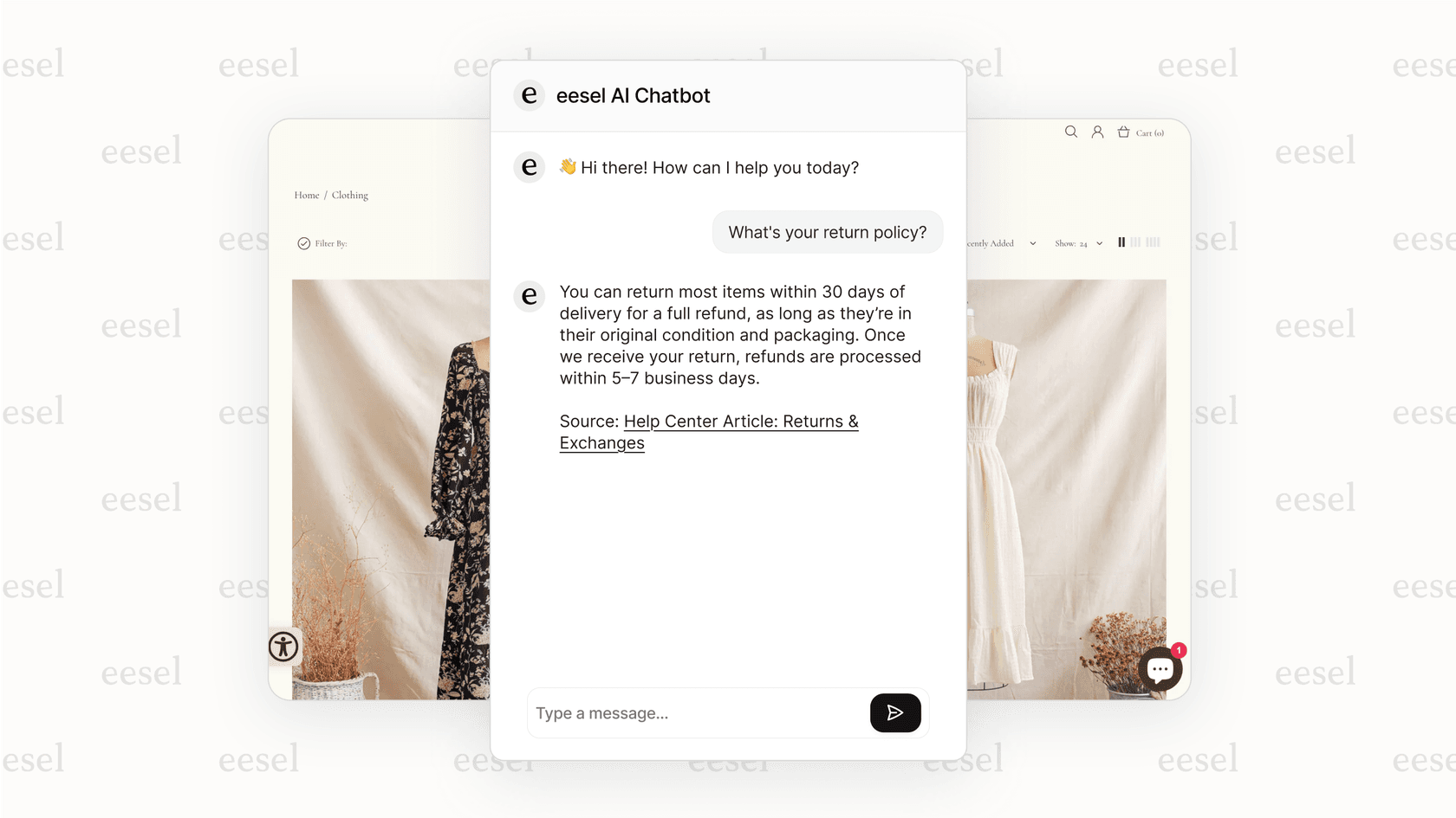 A screenshot showing the eesel AI chatbot for website providing an accurate answer about a return policy by pulling information from the company's help center.