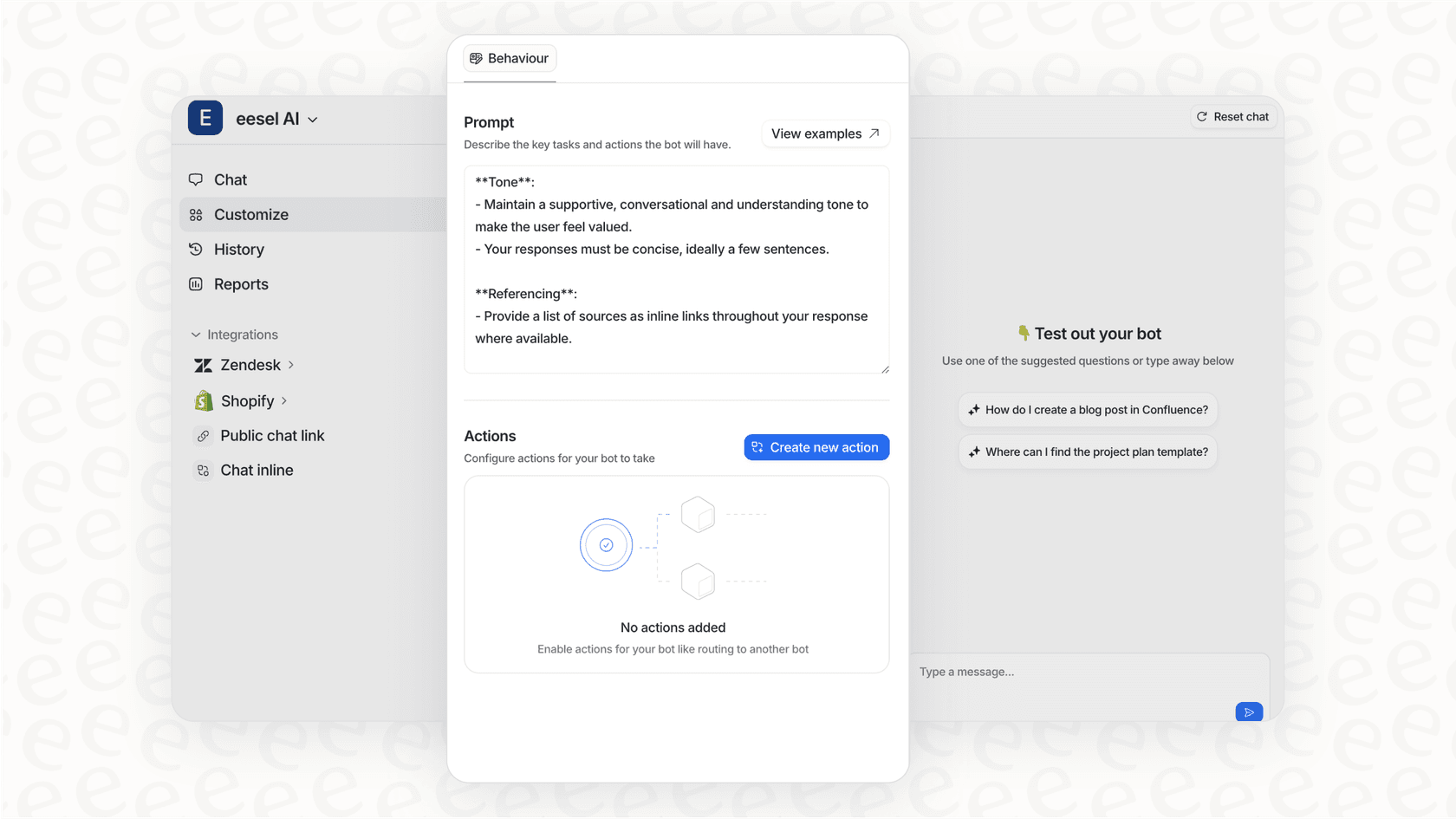 The eesel AI dashboard provides plain-text controls for configuring the AI Agent, allowing teams to define tone of voice and escalation rules easily.