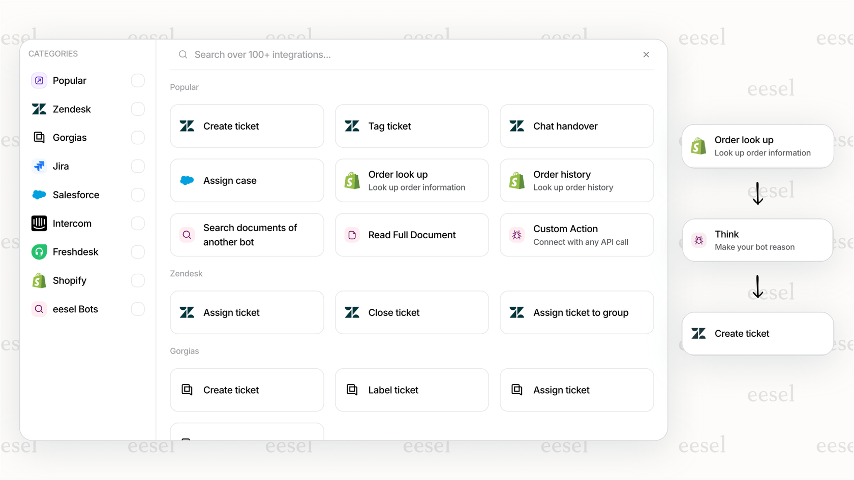 eesel AI Workflow-Editor zur Anpassung der Zendesk-Automatisierung mit Triggern und KI-Aktionen