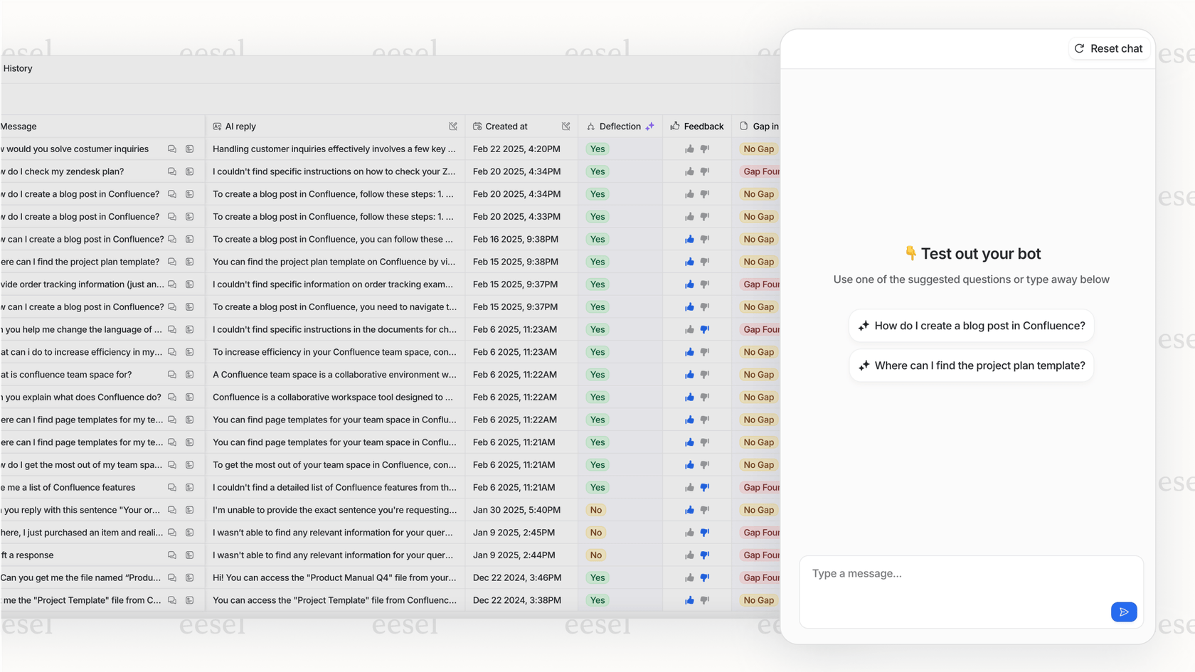Une capture d'écran du tableau de bord d'eesel AI montrant comment ses chatbots alimentés par l'IA pour l'entreprise peuvent être testés sur d'anciens tickets avant leur mise en ligne.