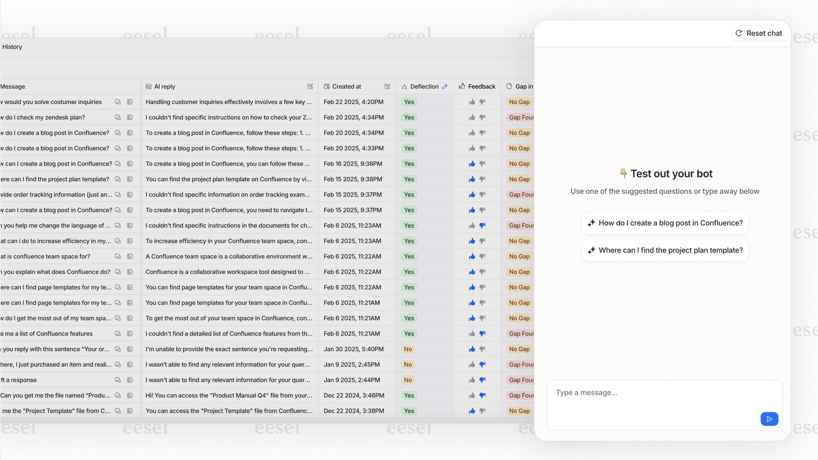 A screenshot of the eesel AI dashboard showing how its AI-powered chatbots for business can be tested on past tickets before going live.