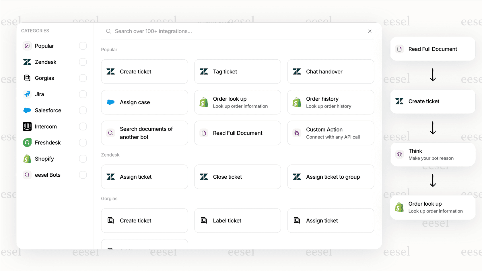 Una captura de pantalla de la plataforma eesel AI configurando una acción de IA que se integra con Shopify, una característica clave de la IA conversacional para el comercio minorista.