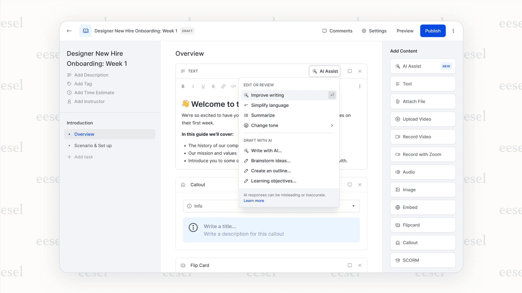 Una captura de pantalla del LMS de WorkRamp, un ejemplo de plataformas de educación en IA, donde la herramienta Asistente de IA está generando una estructura de curso basada en un simple texto de un usuario.