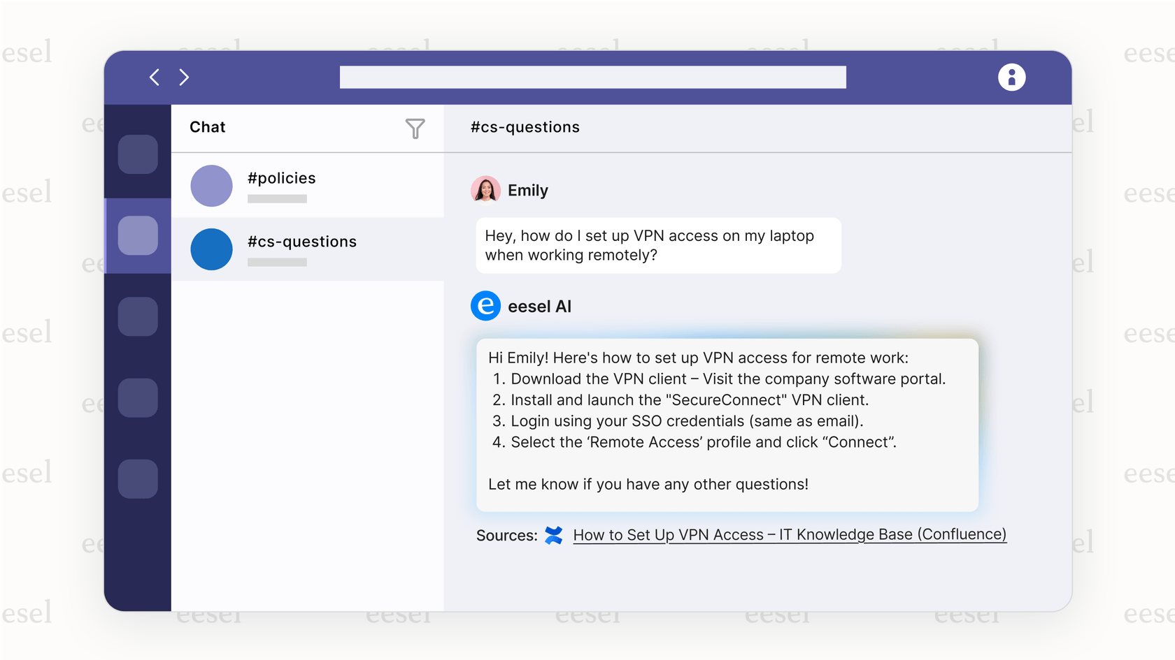 Screenshot of eesel AI providing company information in Microsoft Teams.
