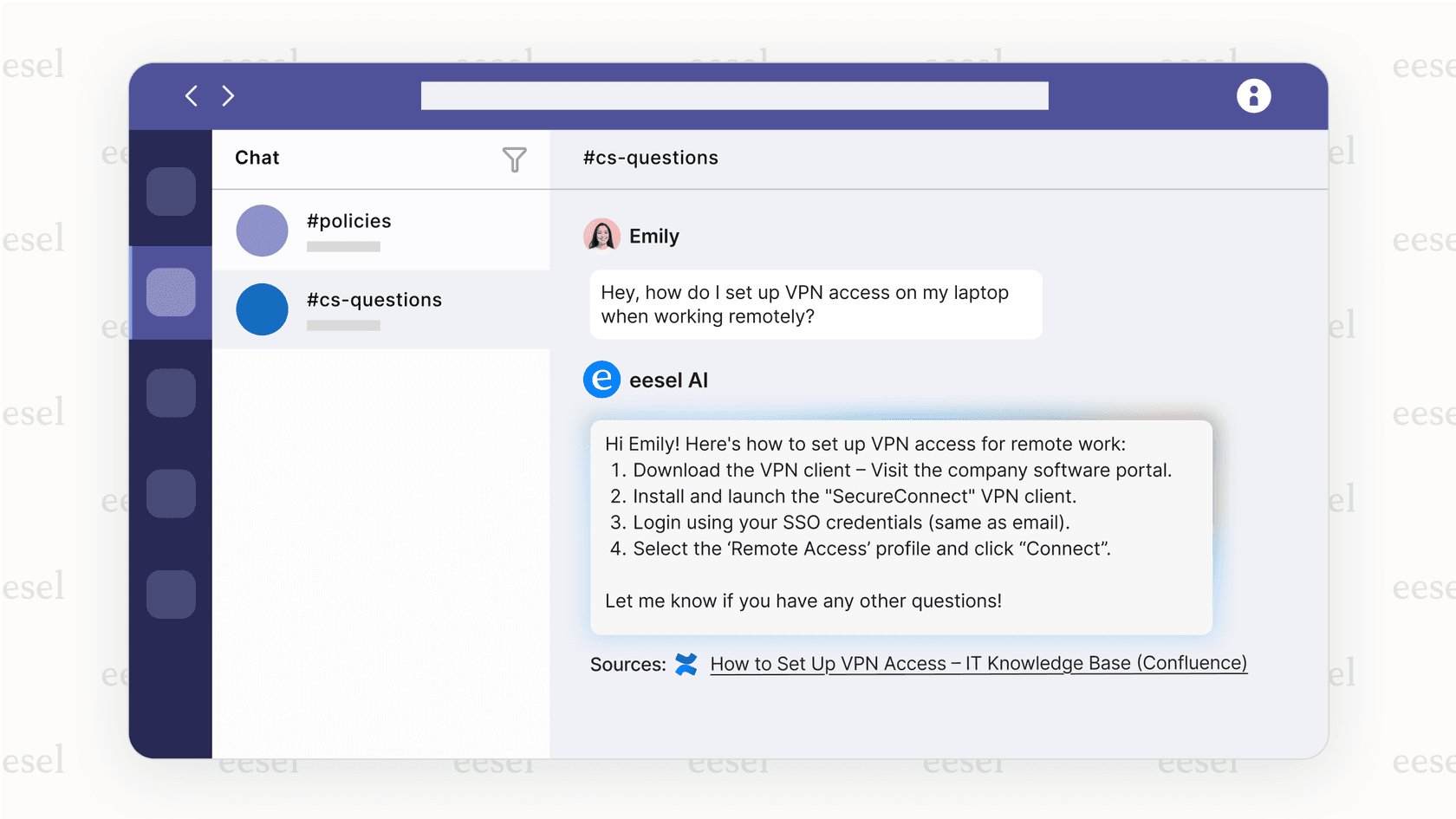 Screenshot of eesel AI providing company information in Microsoft Teams.