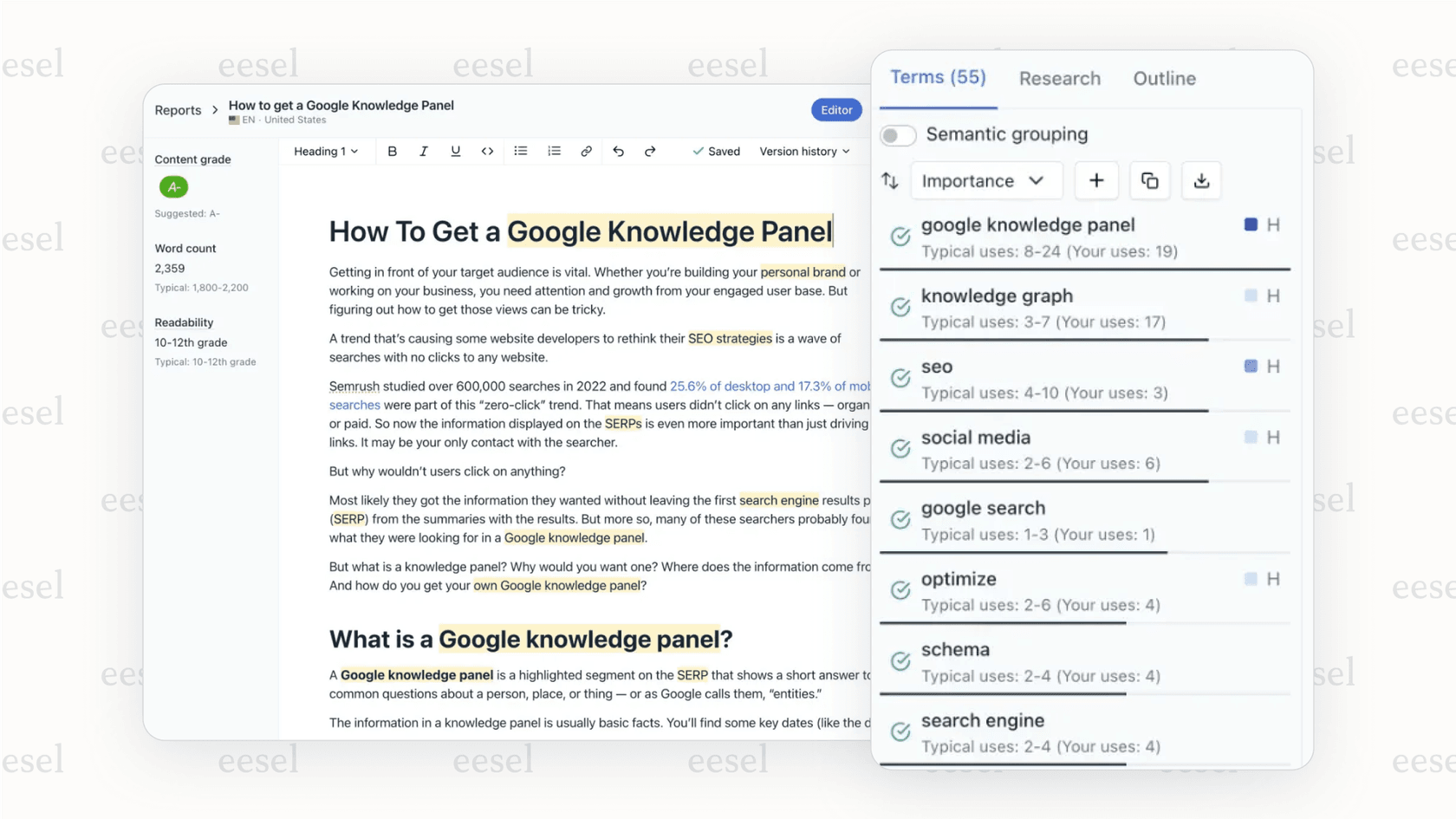 A screenshot of the Clearscope dashboard, an example of AI tools for marketing that provides a data-driven content grade and SEO suggestions.