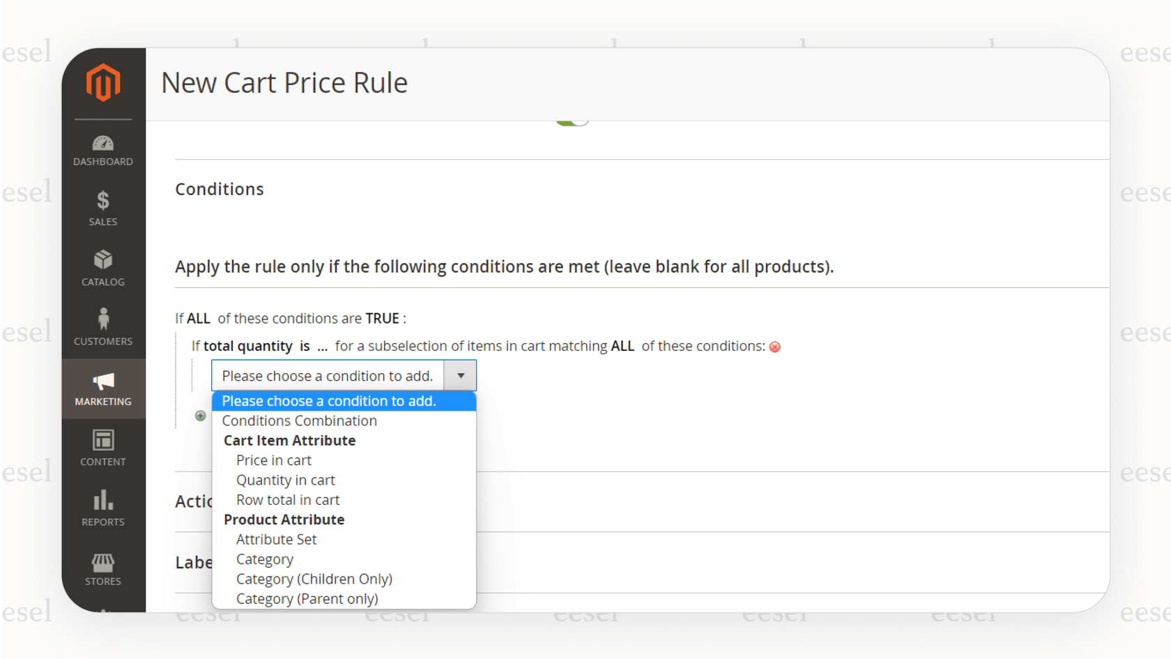 A screenshot of the Magento admin panel from a Magento review, displaying the interface for setting up complex cart price rules and customer-specific discounts.