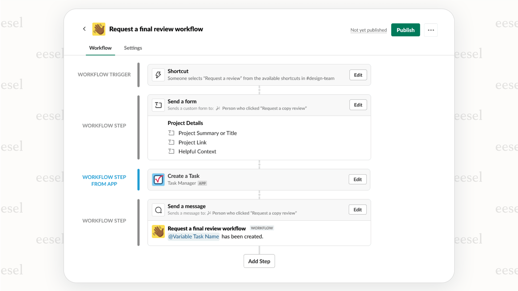 A screenshot of the Slack Workflow Builder for our Slack review, demonstrating how to set up a simple automated welcome message for new channel members.