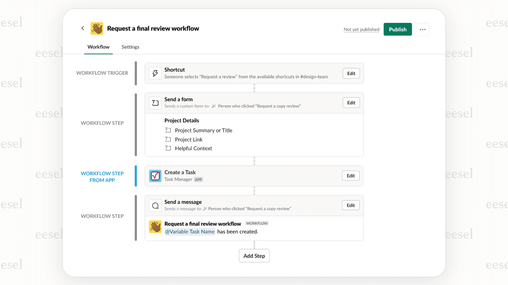 A screenshot of the Slack Workflow Builder for our Slack review, demonstrating how to set up a simple automated welcome message for new channel members.
