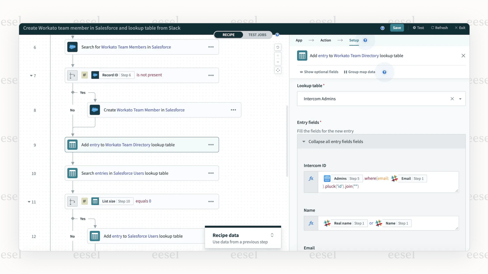A screenshot of the Workato dashboard illustrating a complex business "recipe," an example of advanced AI for workflows connecting Salesforce and NetSuite.