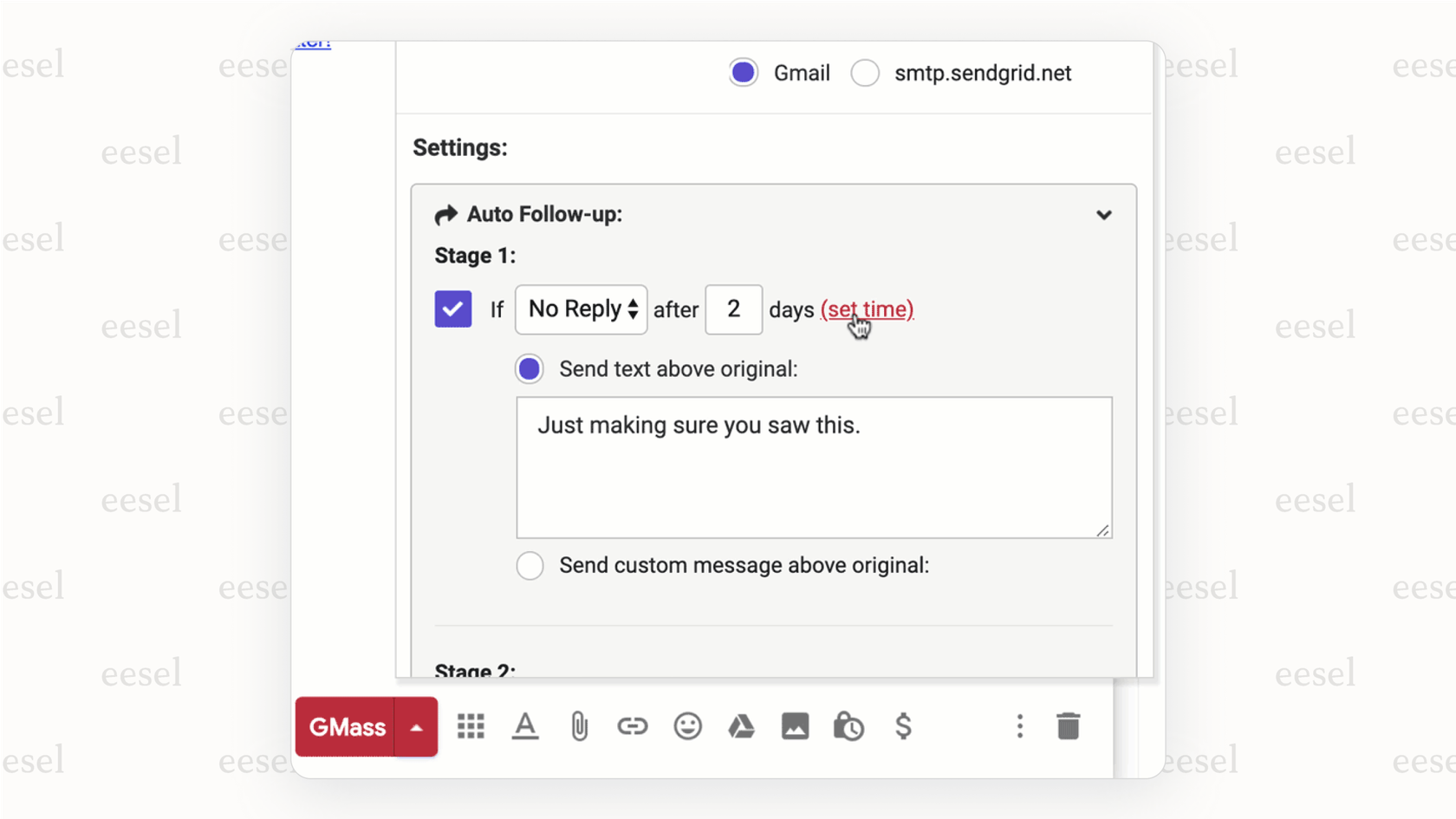 Screenshot of a Gmail add-on interface showing a simple rule for an Automated follow-up, such as "send a second email if no reply is received in 3 days."