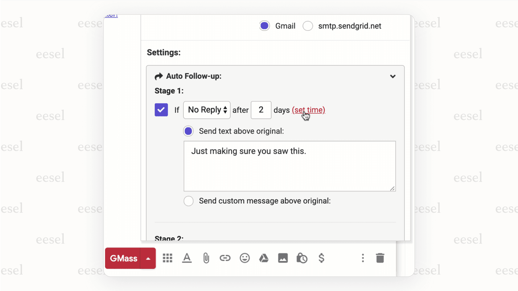 Screenshot of a Gmail add-on interface showing a simple rule for an Automated follow-up, such as "send a second email if no reply is received in 3 days."