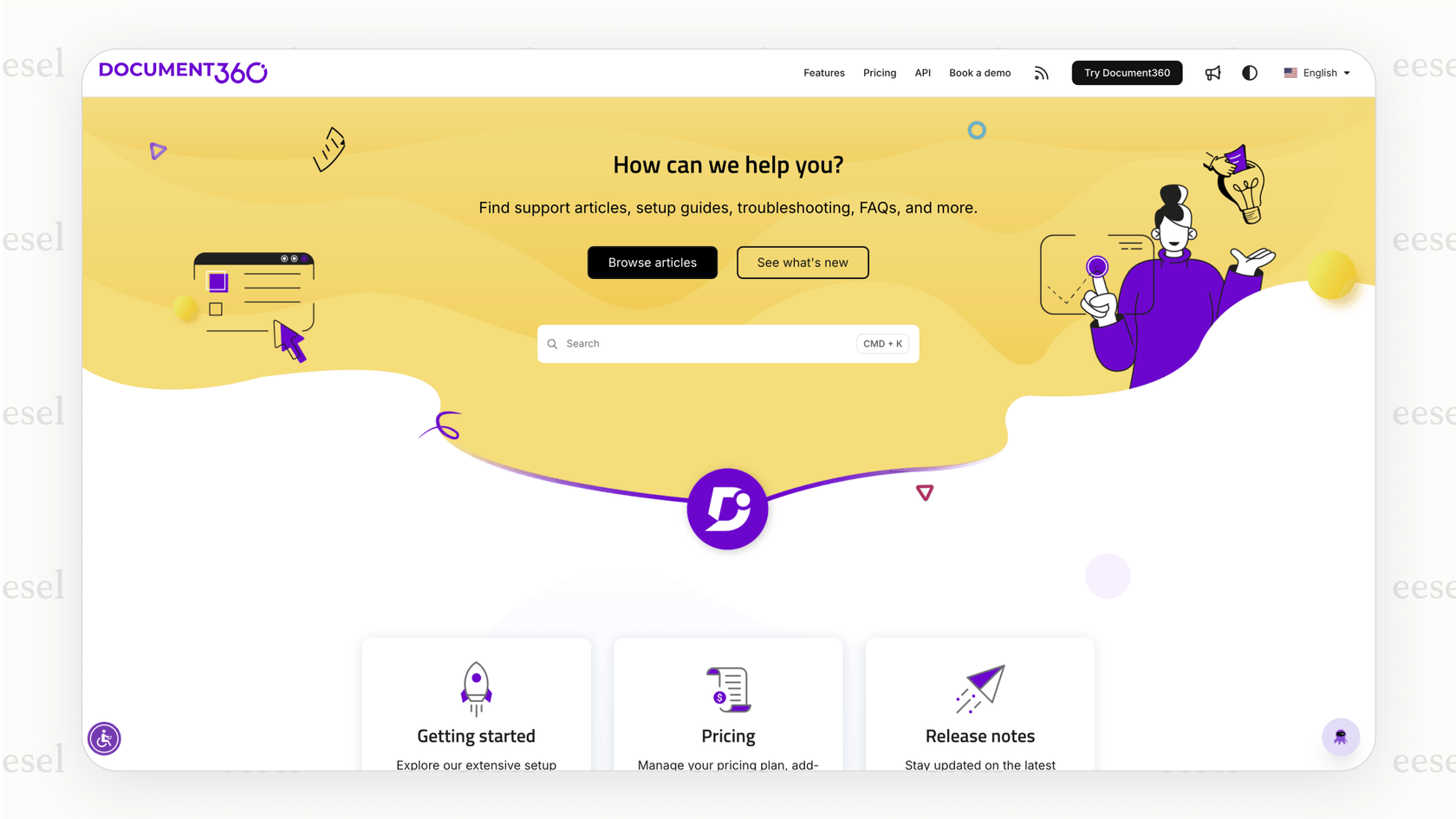 A screenshot of a customer help center built using Document360, highlighting its branding and customization features, which make it a strong GitBook alternative.