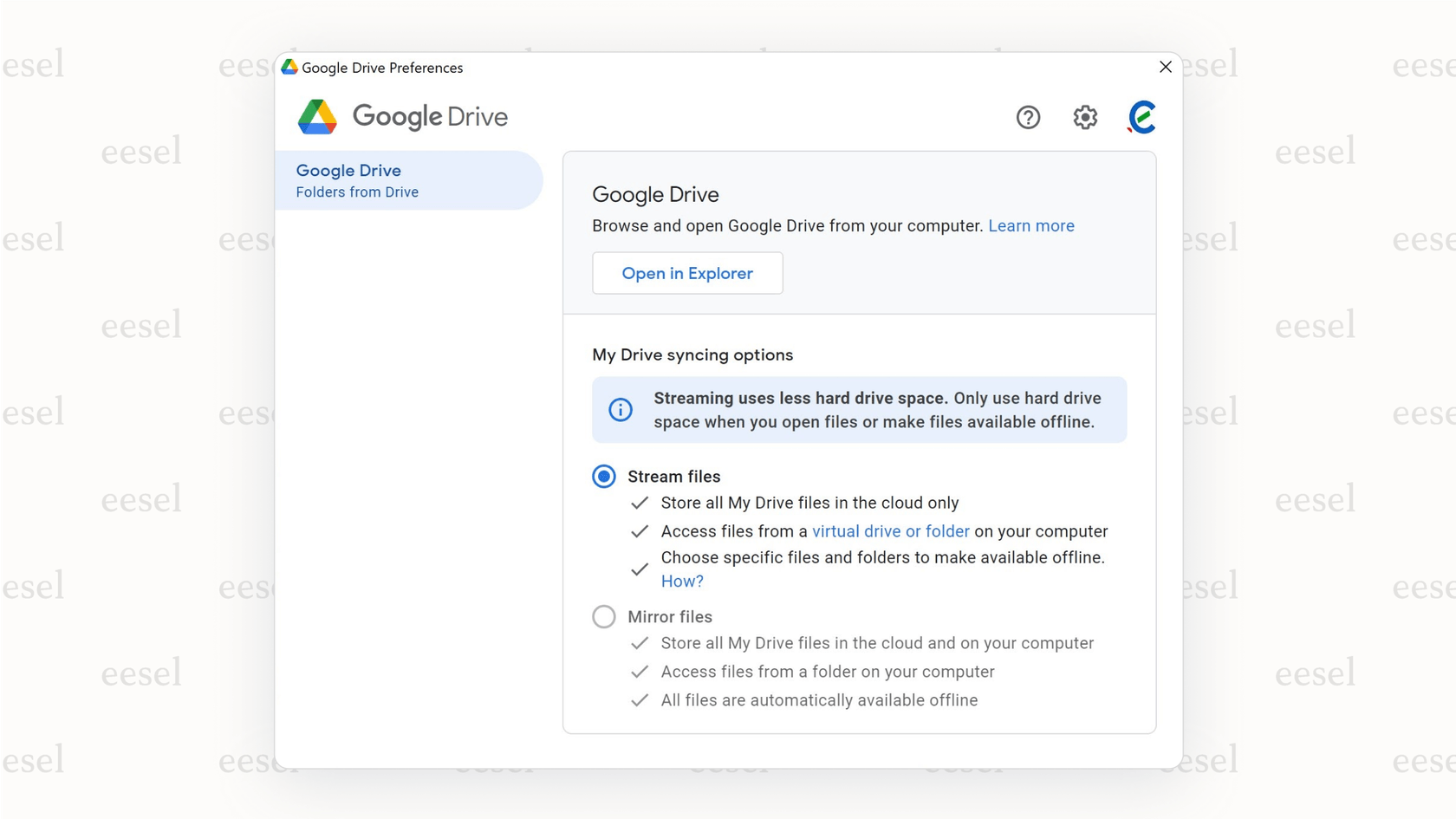 Screenshot for a google drive review displaying the file sync options, streaming versus mirroring.
