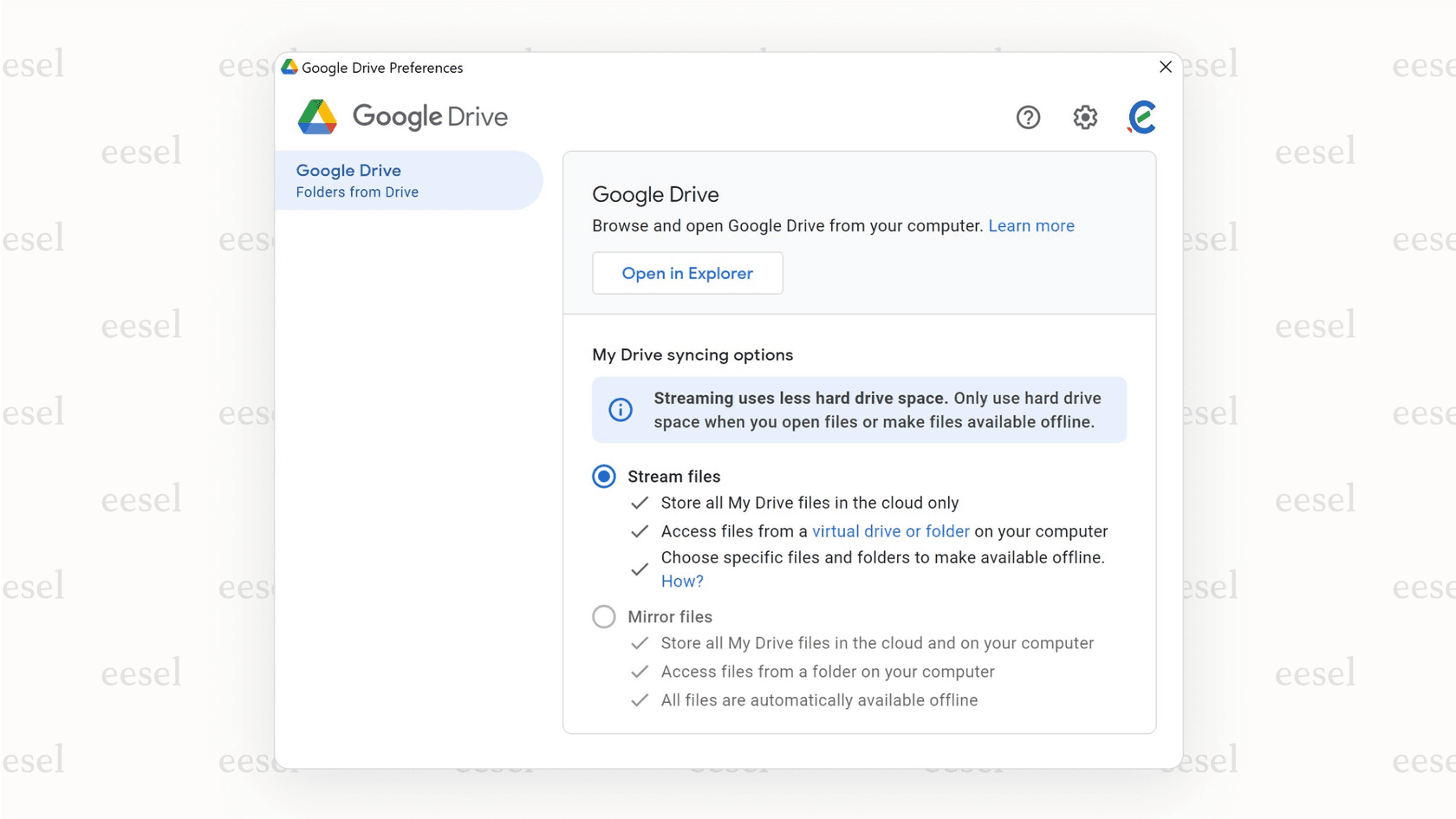 Screenshot for a google drive review displaying the file sync options, streaming versus mirroring.