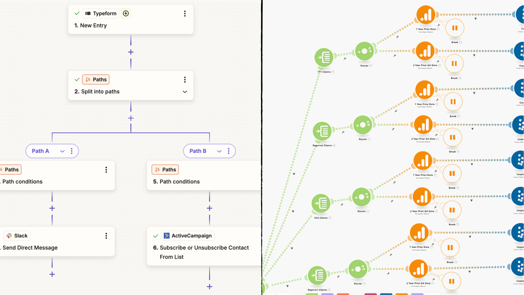 A Make vs Zapier comparison screenshot showing a linear Zapier workflow with a simple conditional