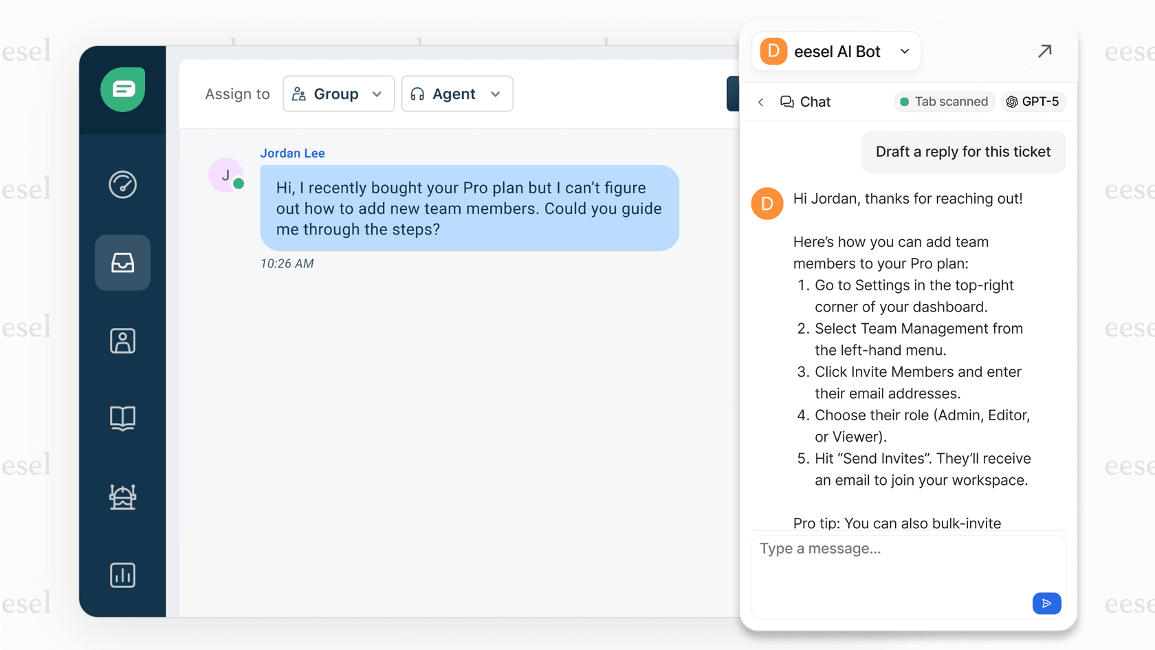 eesel AI Copilot sidebar in Zendesk showing a suggested reply generated from company knowledge