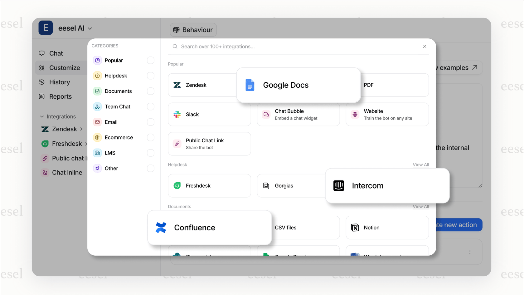 The eesel AI user interface showing one-click integrations for tools like Zendesk, Slack, and Confluence, simplifying the use of Mistral AI new models.