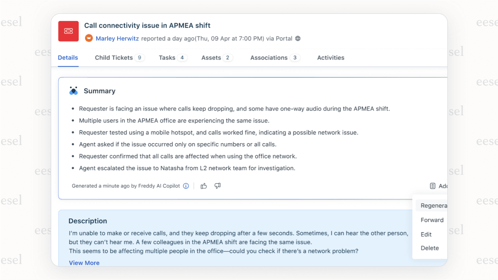 A screenshot of a help desk interface where an agent assist tool has automatically populated the ticket summary with key details from the customer conversation.