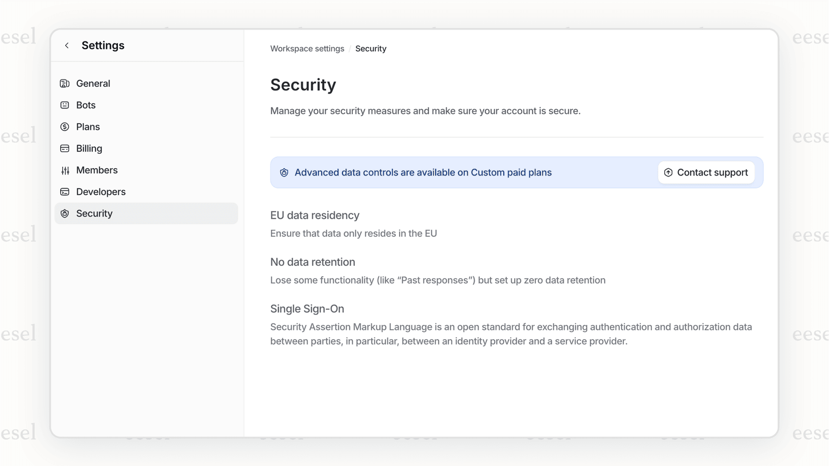 A screenshot of an AI for healthcare platform's security dashboard, highlighting options for EU data residency and showing a SOC 2 compliance badge.
