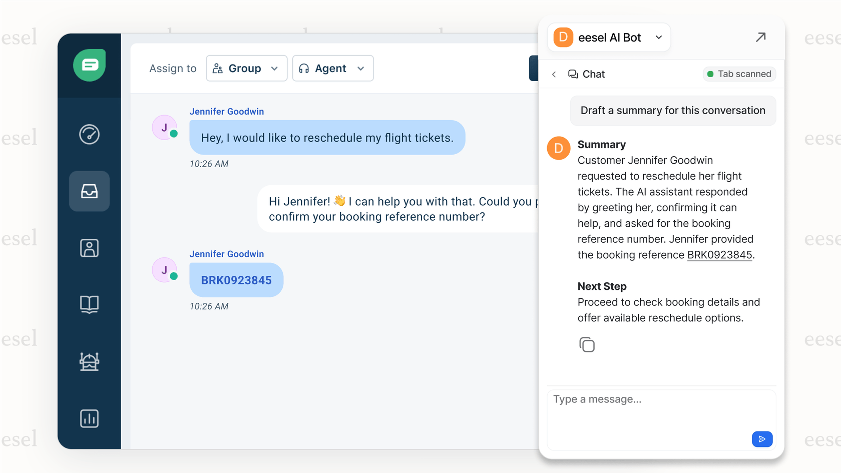 A screenshot of the eesel AI Copilot using ticket summarization context to automatically draft a relevant and accurate reply for a support agent.
