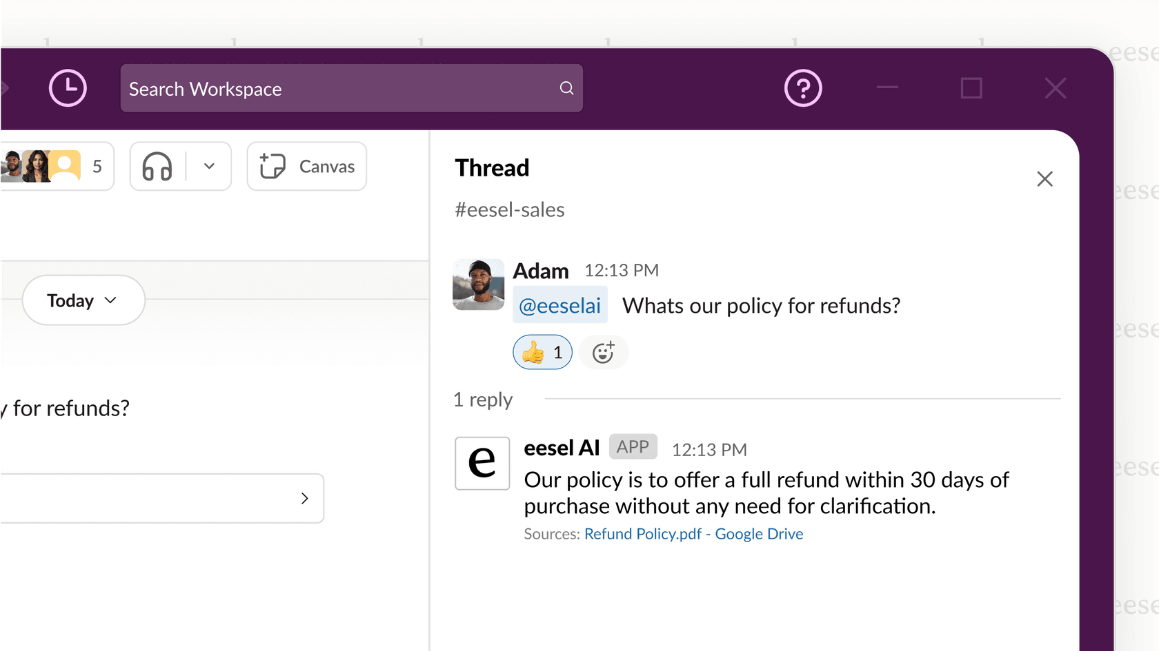 A screenshot showing an internal chatbot in Slack, powered by AI for content creation, providing an instant answer to an employee's question by referencing internal company documents.