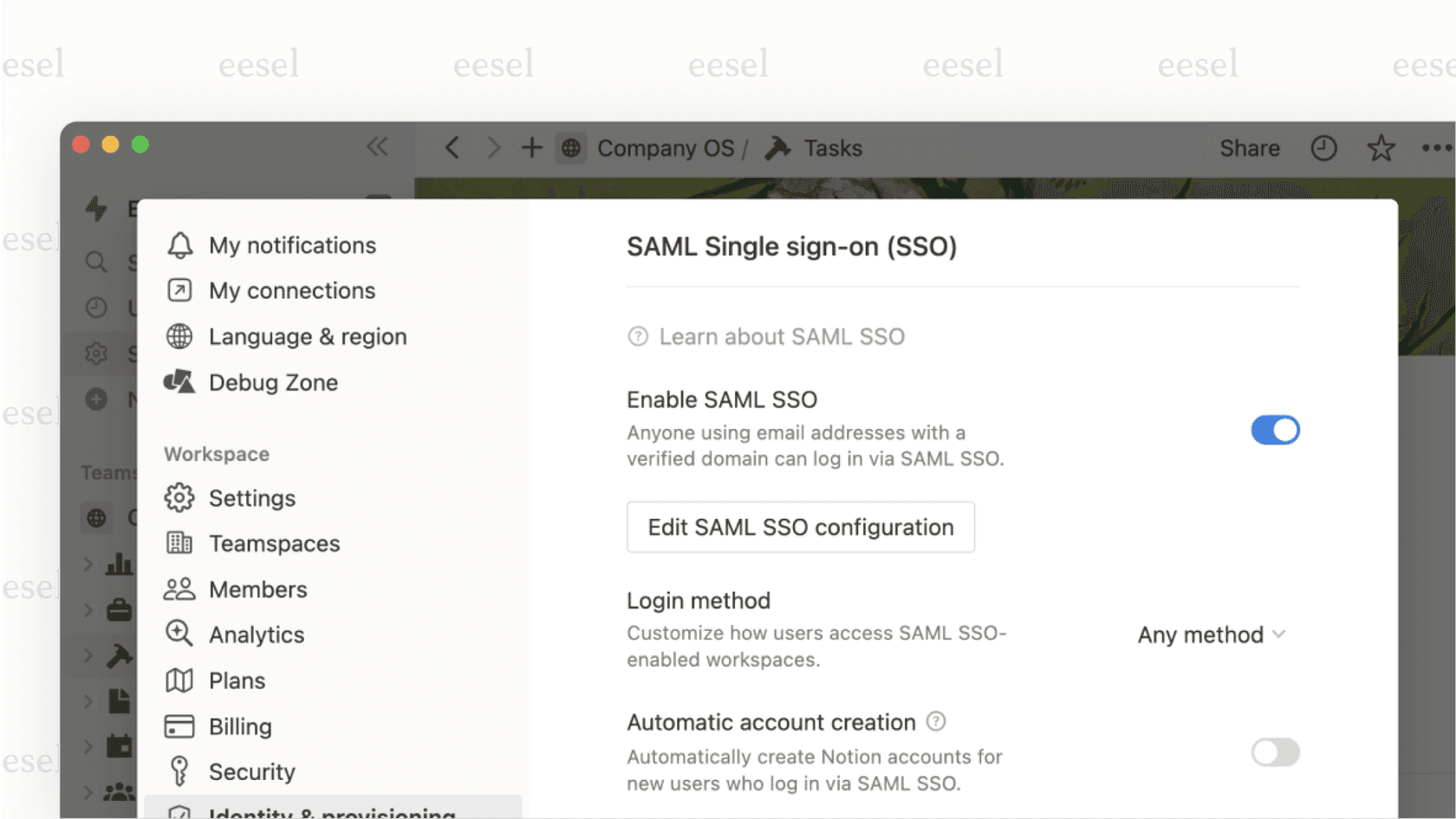 The admin panel of a Notion Enterprise plan, showing the security and audit log features that are part of the enterprise-level Notion pricing.