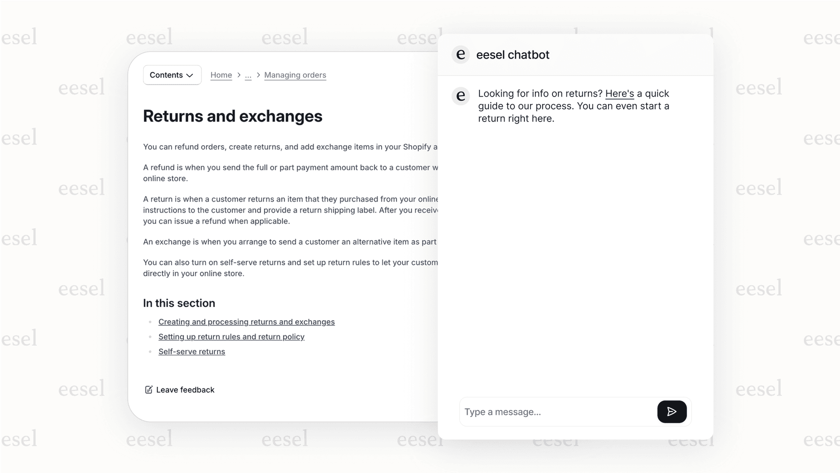 Ein Screenshot, der zeigt, wie proaktiver KI-Support im E-Commerce ein Ticket verhindern kann, indem er eine Lösung für Rücksendungen über einen Chatbot anbietet.