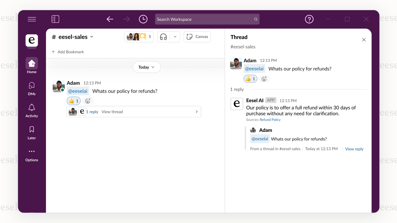 Un copilote IA de support interne répondant à une question d'un employé sur Slack.