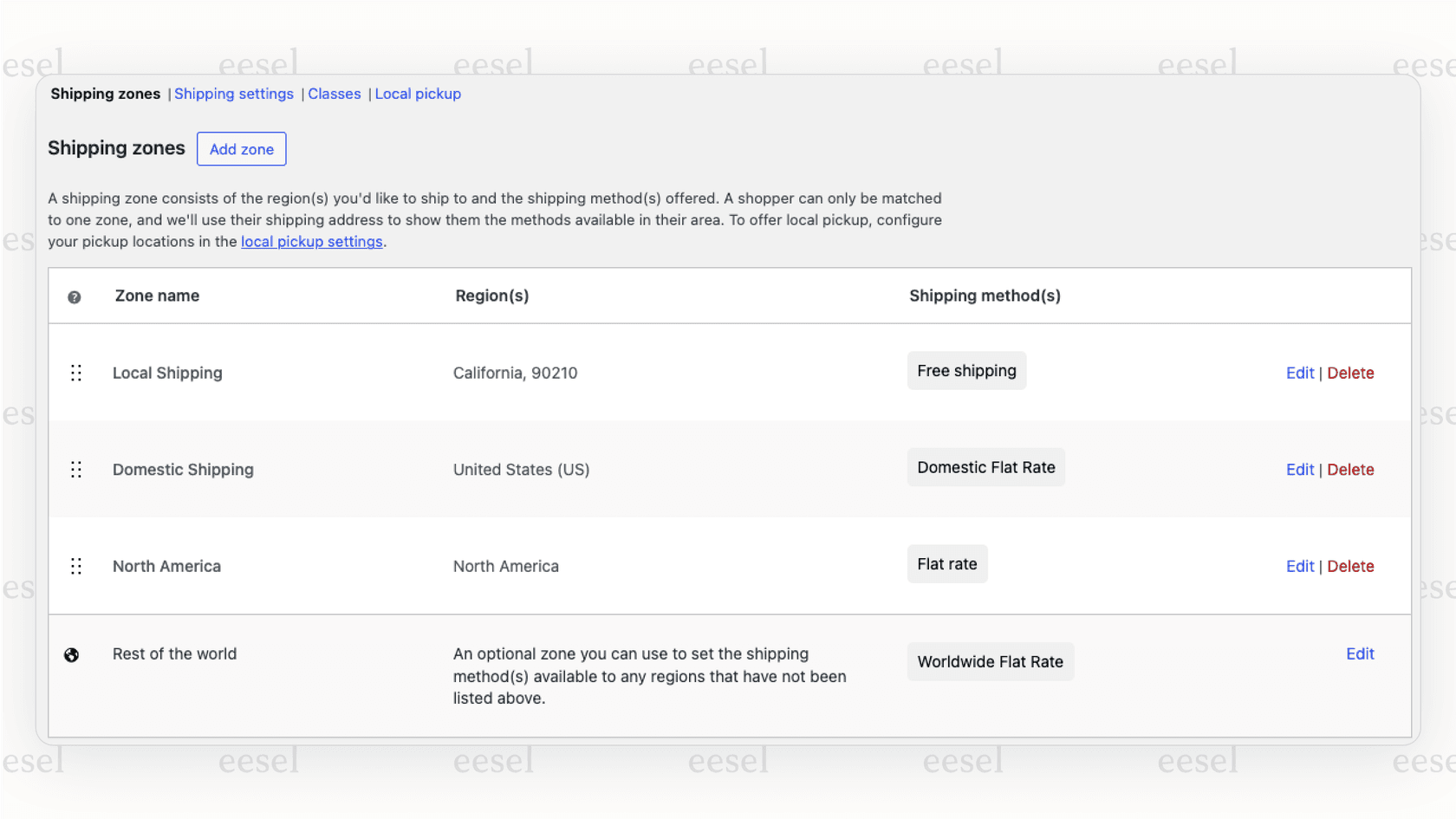 A screenshot for this woocommerce review illustrating the very basic default shipping methods available without paid extensions.