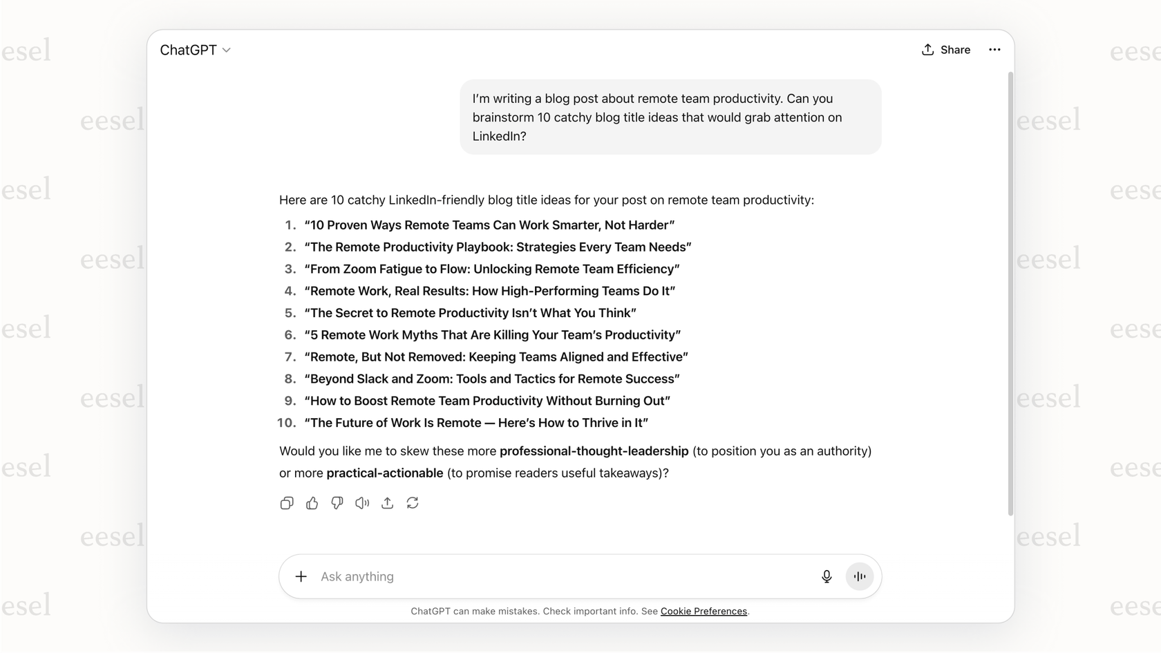 A screenshot of the ChatGPT interface, a popular AI productivity tool, showing a user prompt asking to brainstorm blog post titles and the AI