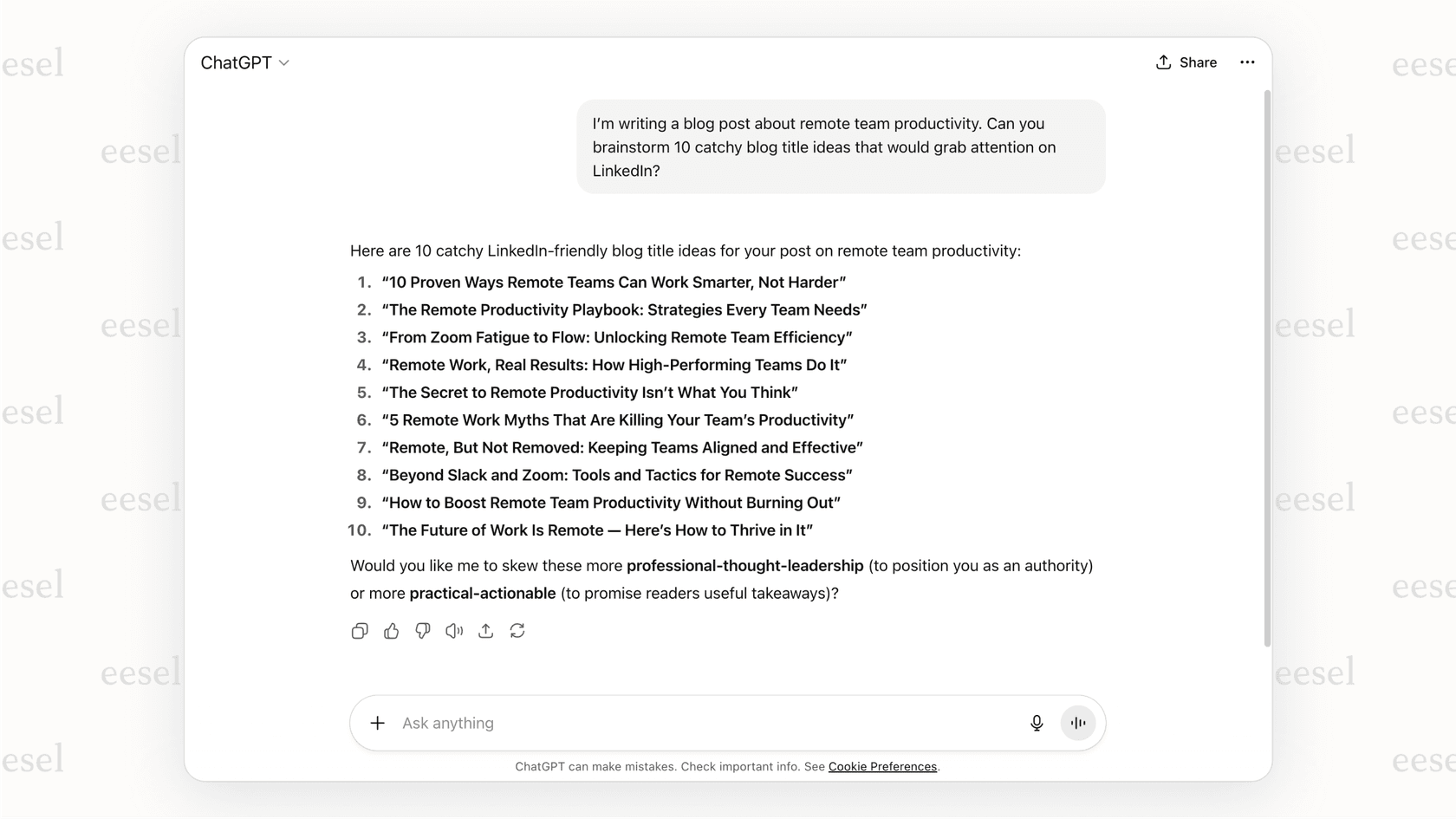 A screenshot of the ChatGPT interface, a popular AI productivity tool, showing a user prompt asking to brainstorm blog post titles and the AI
