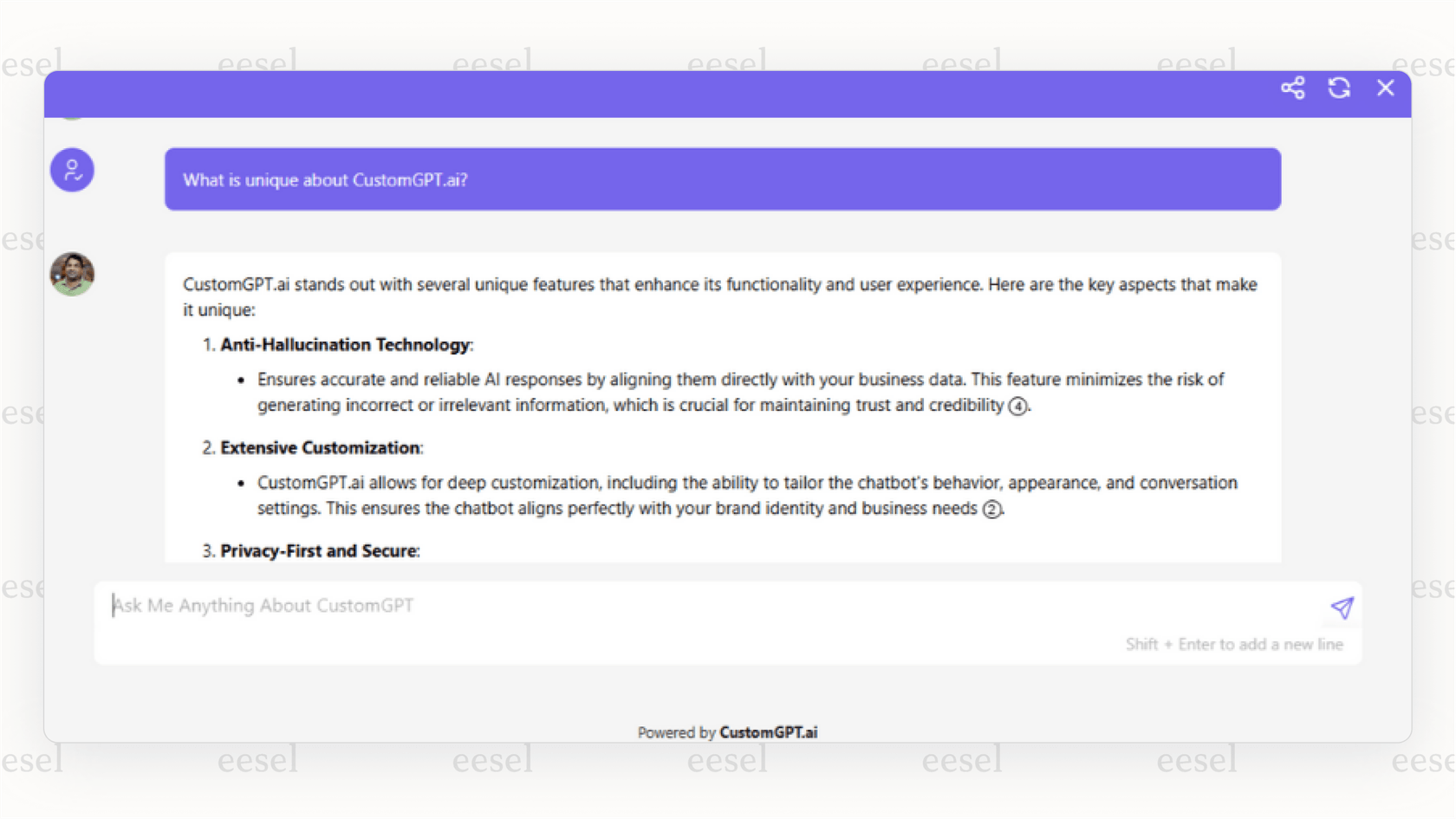 A screenshot showing the "Powered by CustomGPT" logo on a chat widget, a pricing limitation often mentioned in CustomGPT.ai reviews.