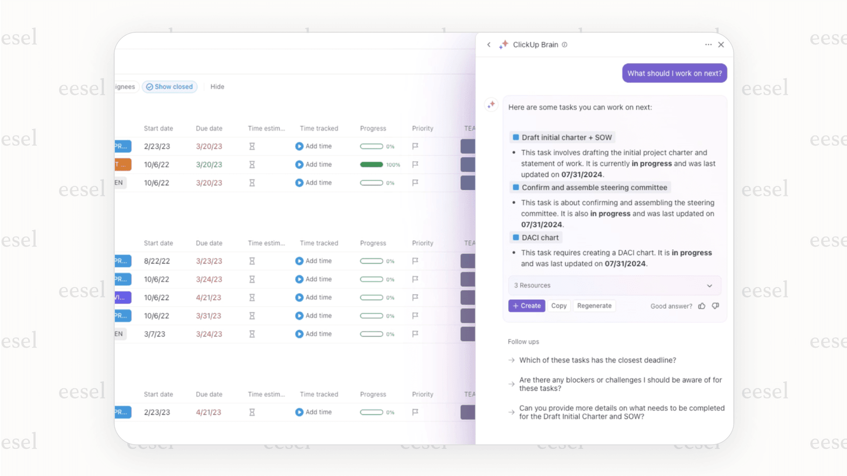 A screenshot of the ClickUp platform, a leader in AI project management tools, where its AI is answering the question "Which tasks are falling behind?" with a list of tasks.