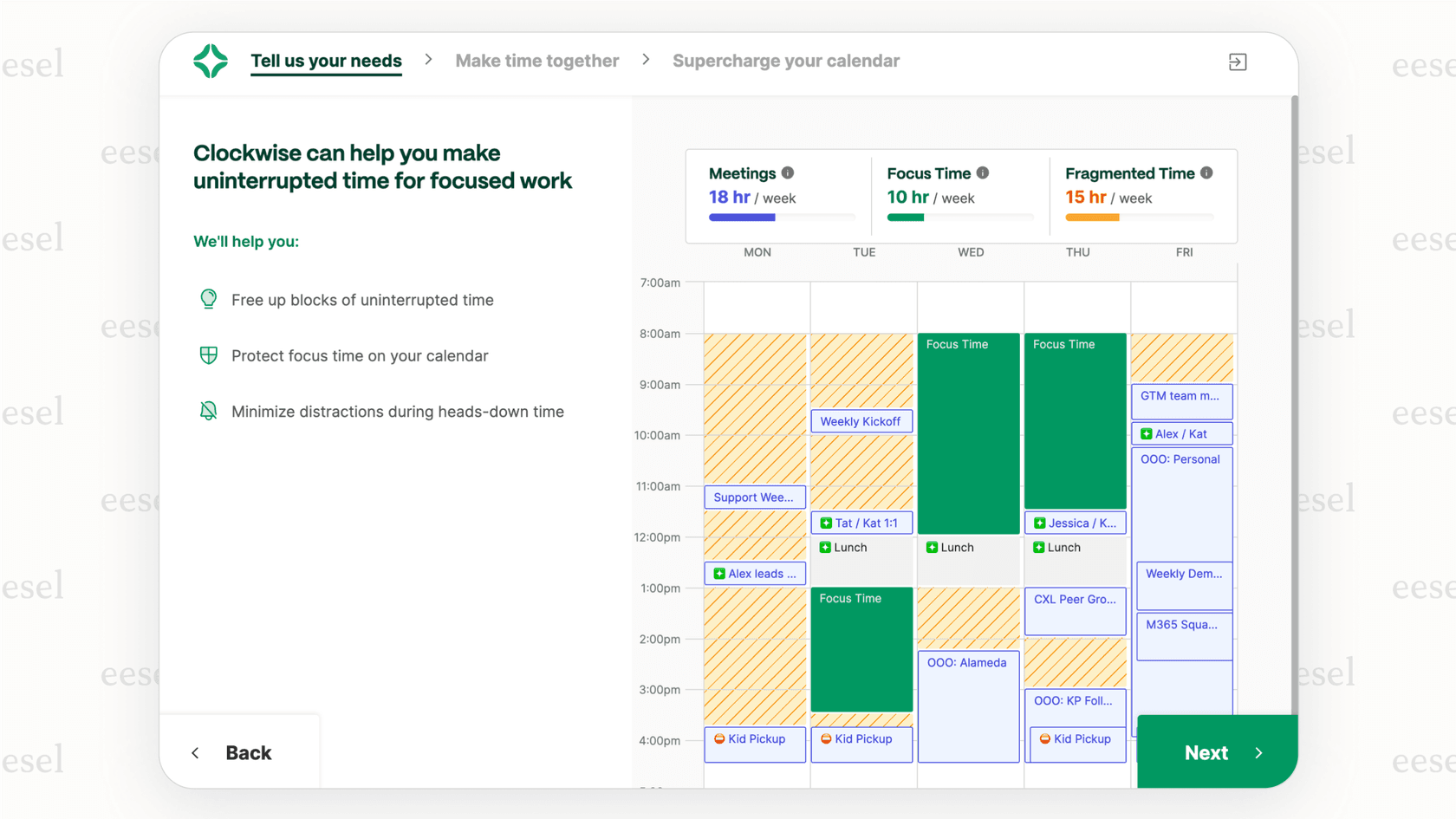 A screenshot of the Clockwise AI scheduling assistant dashboard. It shows a "before" view of a weekly calendar with fragmented meetings and an "after" view where Clockwise has moved meetings to create a large, uninterrupted block of "Focus Time."