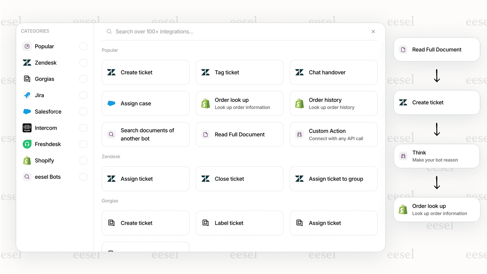 A screenshot from the eesel AI platform showing how knowledge base bots can be set up with AI Actions to connect to other apps like Shopify and perform tasks.