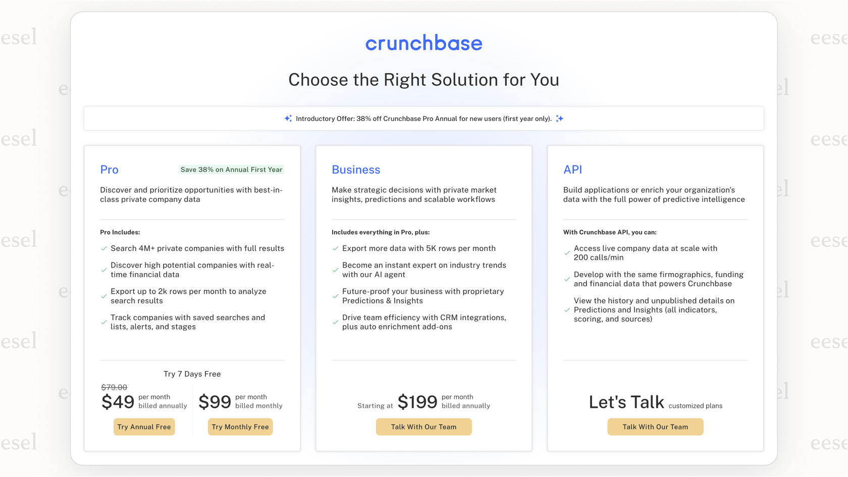A screenshot of the Crunchbase pricing page, showing the affordable plans that are a key factor in the Crunchbase vs PitchBook decision for startups.