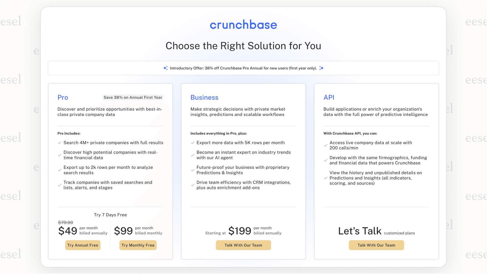 A screenshot of the Crunchbase pricing page, showing the affordable plans that are a key factor in the Crunchbase vs PitchBook decision for startups.