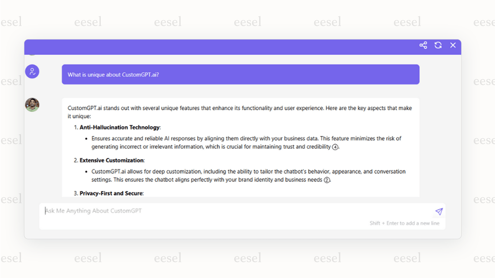 A screenshot of a chatbot interaction using CustomGPT.ai, an example of transparent AI for customer service automation. The AI