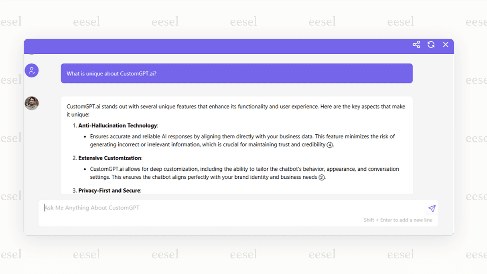 A screenshot of a chatbot interaction using CustomGPT.ai, an example of transparent AI for customer service automation. The AI