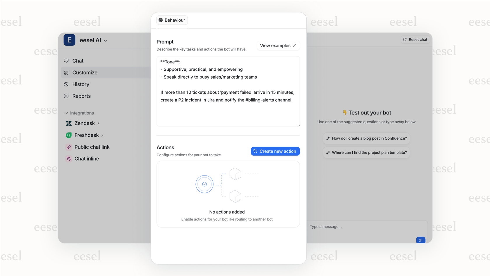 A screenshot of the eesel AI interface, which allows for full control over the intelligent issue detection process using natural language instructions.
