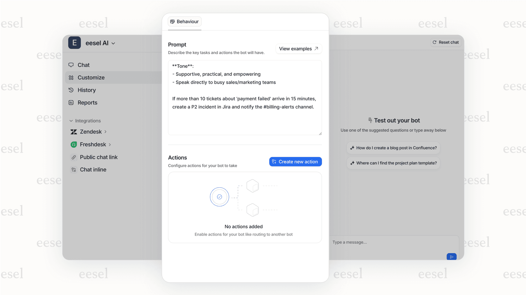 A screenshot of the eesel AI interface, which allows for full control over the intelligent issue detection process using natural language instructions.